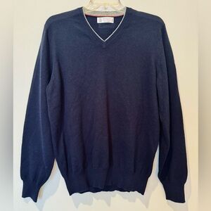 Brunello Cucinelli 100% CASHMERE Navy Pullover V-Neck Sweater Size Large 48 EUR